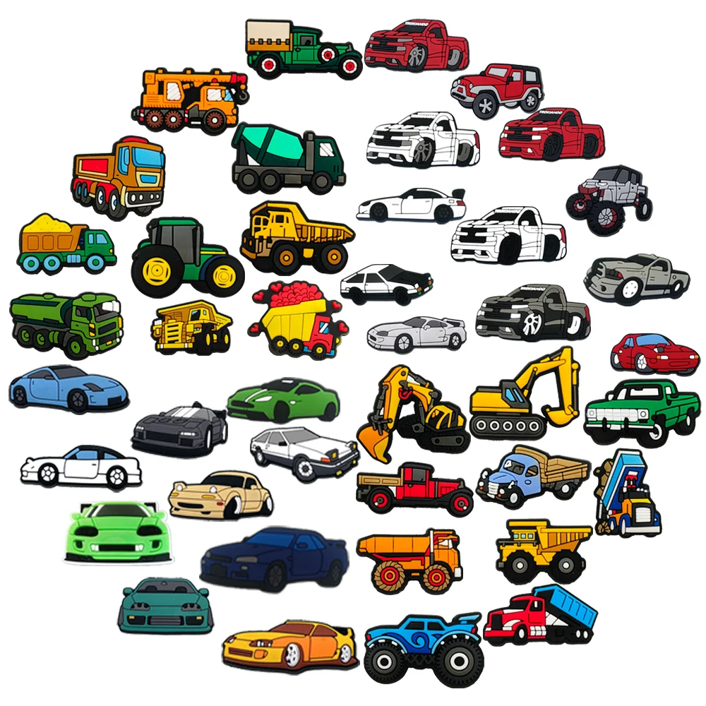 43 Styles Car Shoe Charms Construction vehicles Shoe Buckle Accessories Excavator Mixer Truck Shoe Decorations Kid\'s