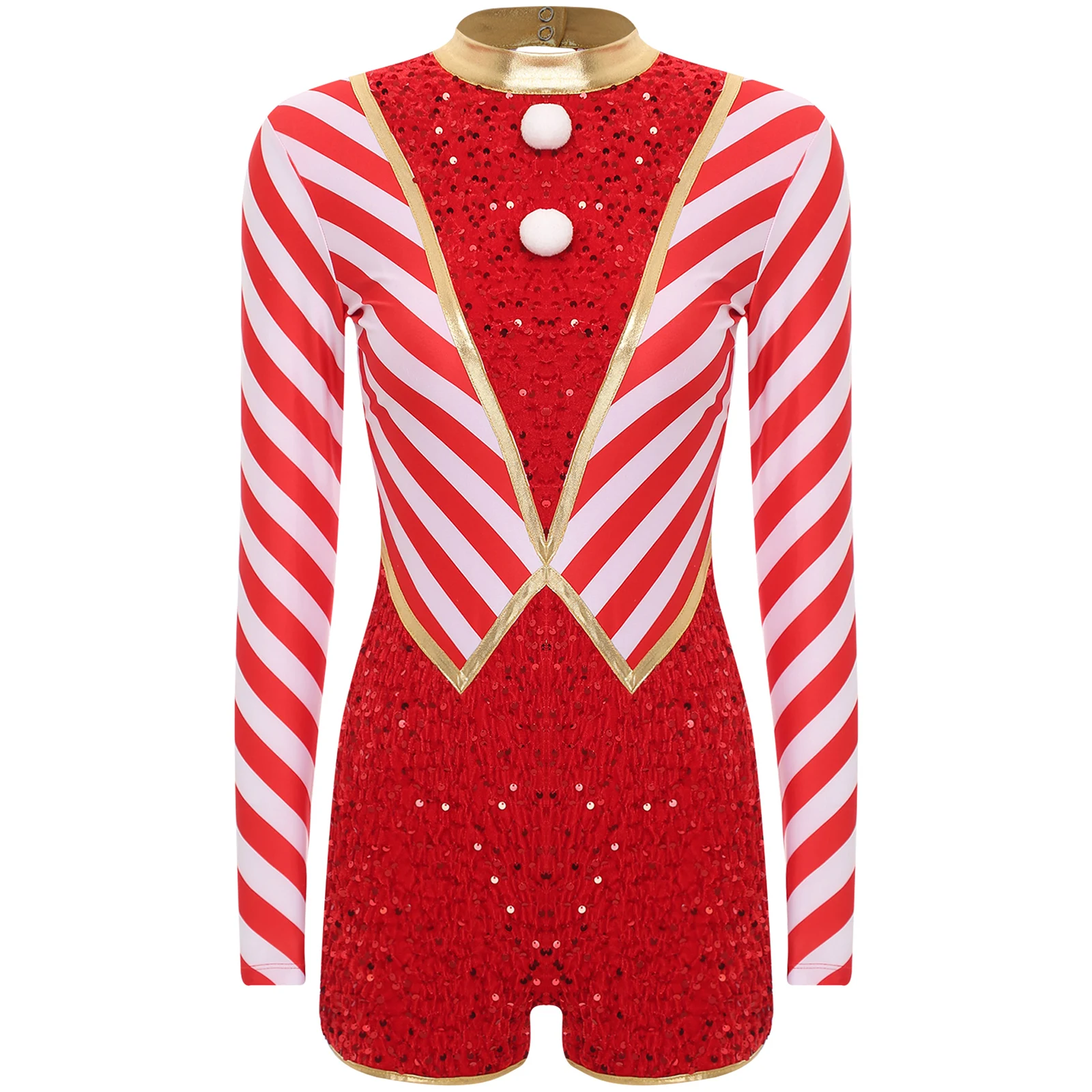 Womens Candy Cane Dance Costumes Long Sleeve Shiny Sequins Christmas Jumpsuit Santa Leotard for Xmas Party Stage Performance