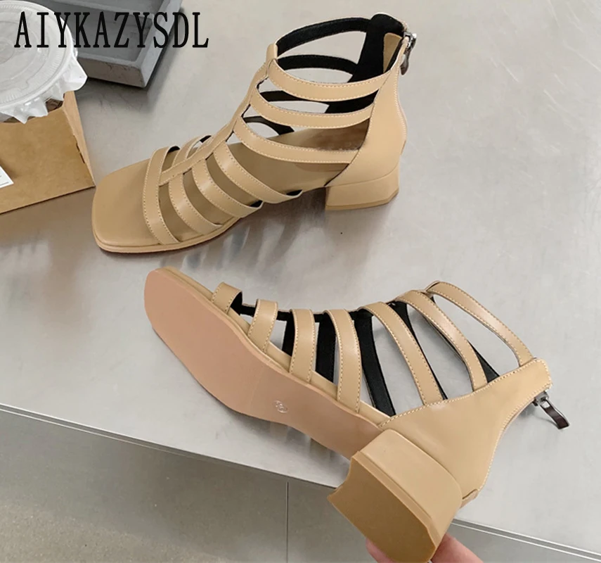 2023 Strappy Hollow Cut Out Sandals High Top Ankle Boots Open Toe Casual Shoes Chunky Block Cuban Low Heel Gladiator Sandals