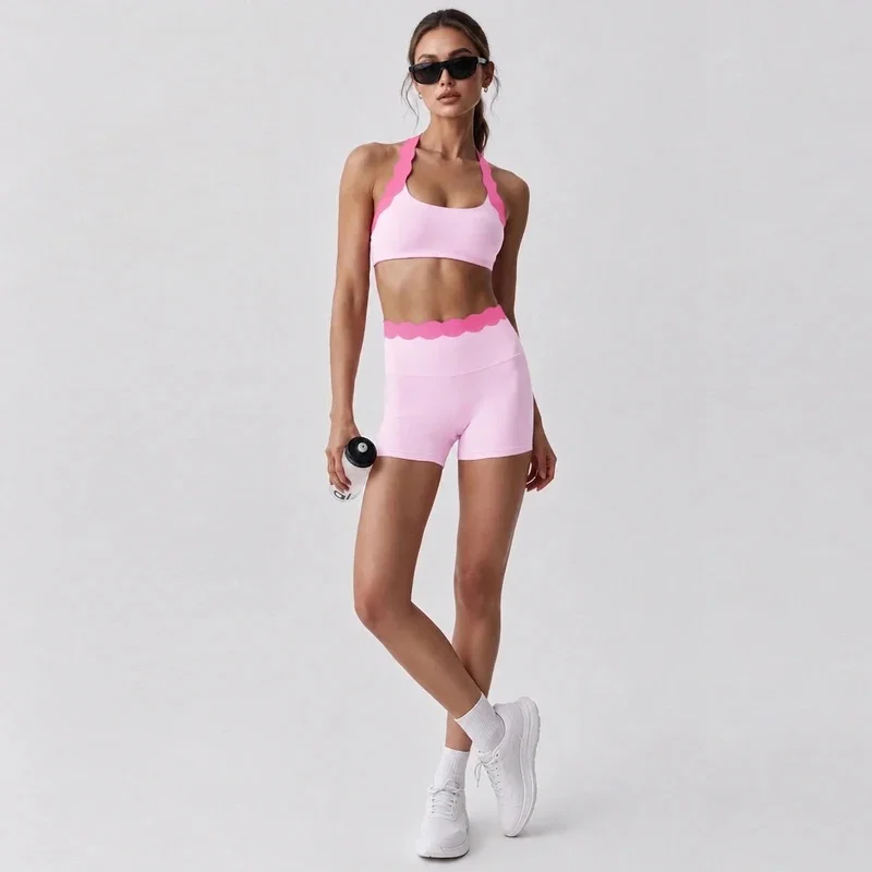 SharpStar Halter Neck Bra Set 2pcs Quick-Dry Sportswear Scallop-shaped Workout Yoga Shorts Suit Color-blocked Pilate Shorts Set