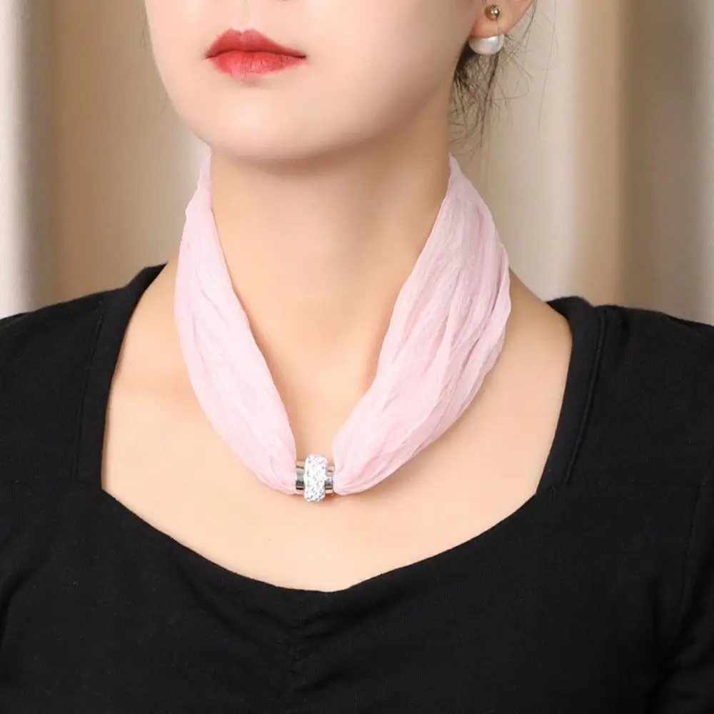 Fashion Magnetic Buckle Women Scarf Solid Color Soft Silk Scarf Neckerchief
