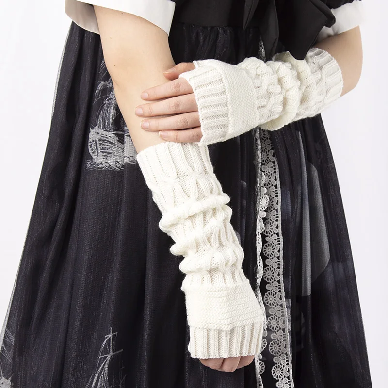 Women Knitted Gloves Half Finger Arm Cover Gothic Lolita Knitted Long Glove Girls Hand Warmer Winter Mittens Fingerless Gloves