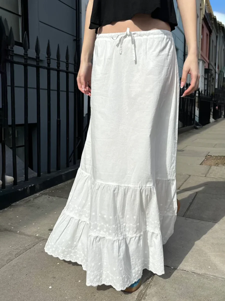 Floral Embroidery Maxi Skirts Woman Sweet White Lace Trim Drawstring High Waist Cotton Faldas Vintage Solid Ruffles Long Skirt