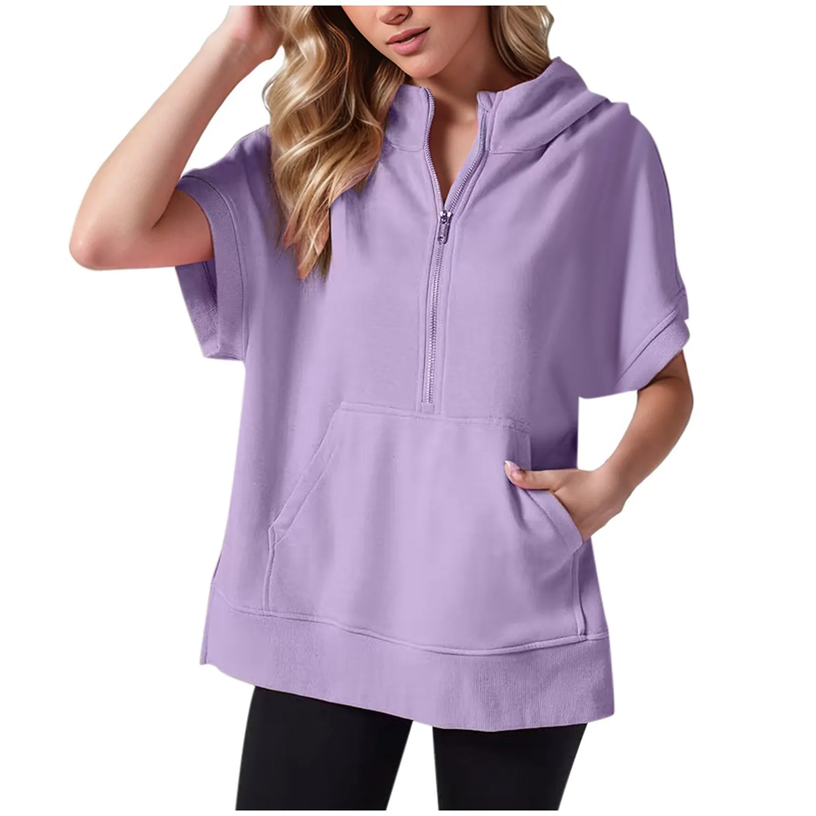 Fashion Casual Style Pullover Summer Women'S Half Zipper Hoodie With Short Sleeves Solid Color Pocket Casual Daily For Females