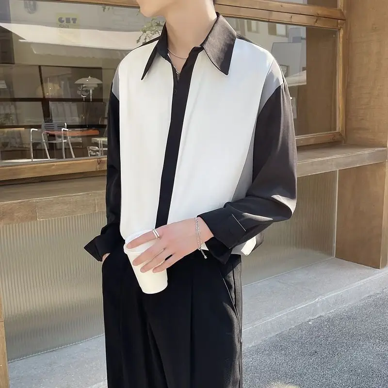 Casual Patchwork Fashion Temperament Simplicity Korean Spring Summer Office Lady Button Turn-down Collar Shirts Men\'s Clothing