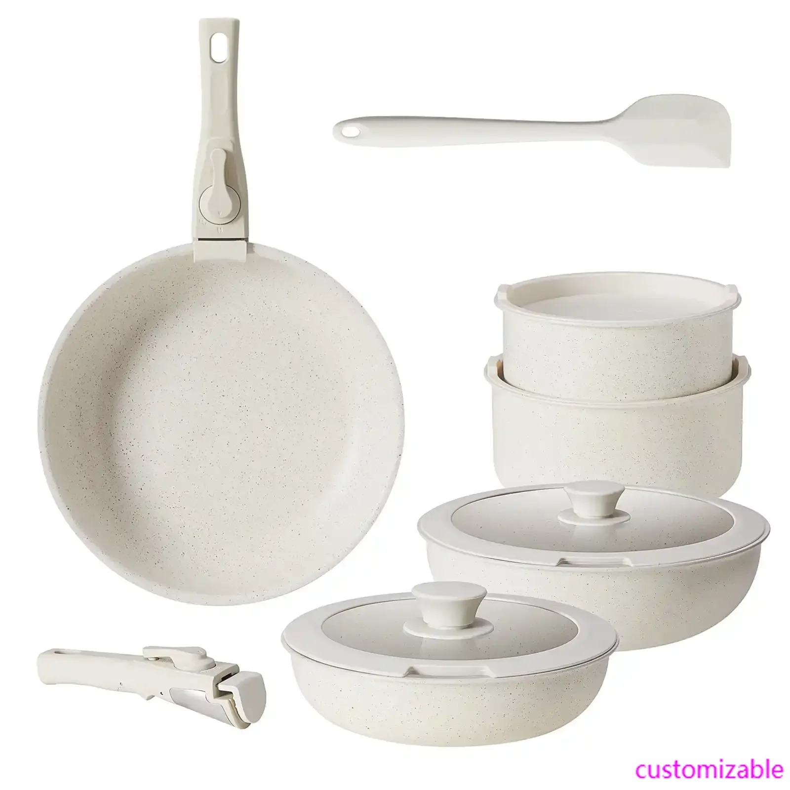 

12-Piece Non-Stick Cookware Set - Essential Pots & Pans with Detachable Handles, Beige