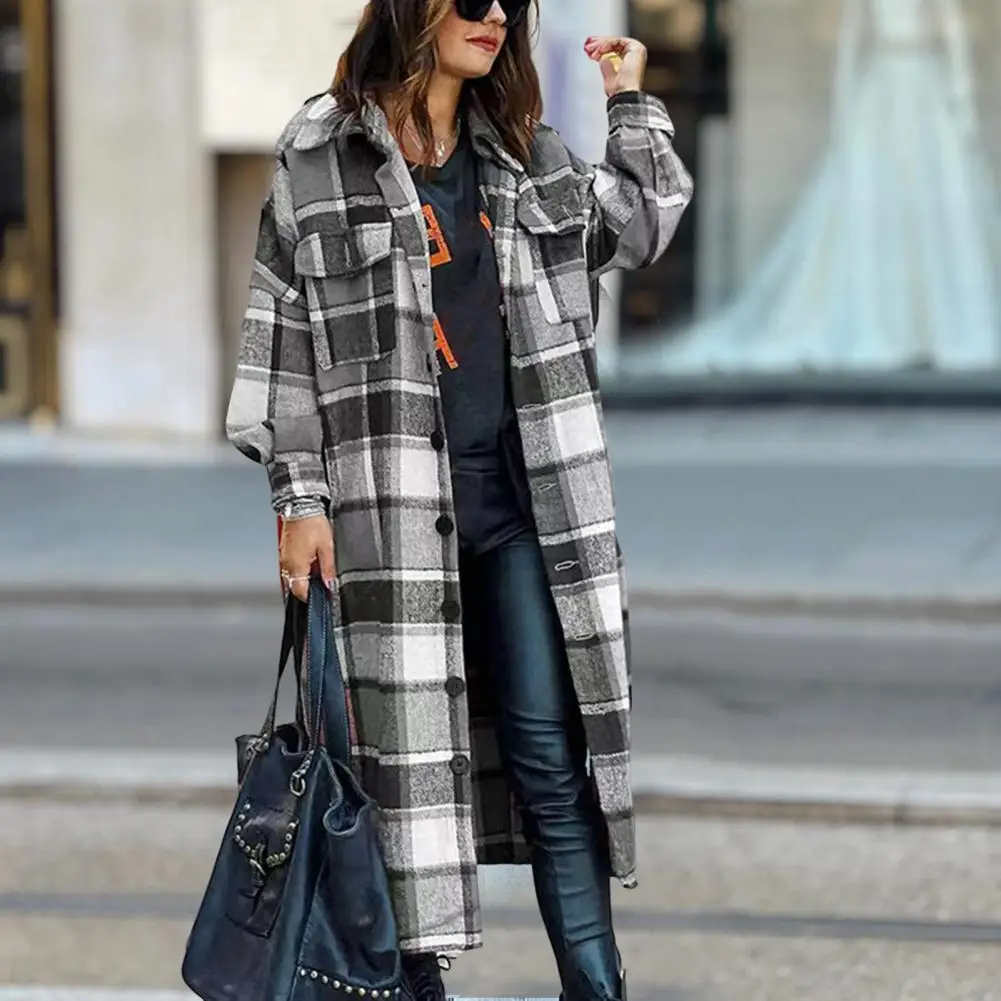 

Polyester Spandex Outerwear Women Woolen Jacket Plaid Print Women's Jacket with Lapel Mid Length Single-breasted for Warmth