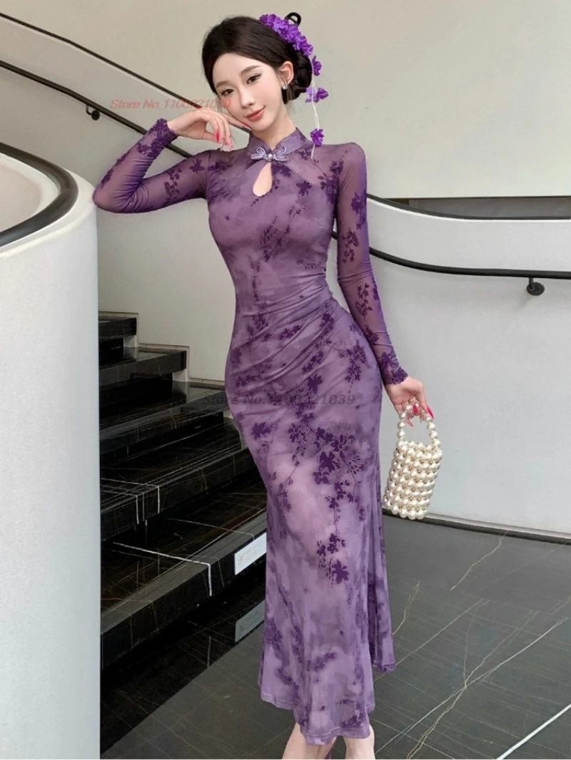 

2025 chinese sexy dress mesh velvet cheongsam flower print party evening dress traditional sexy nightclub qipao dress vestido