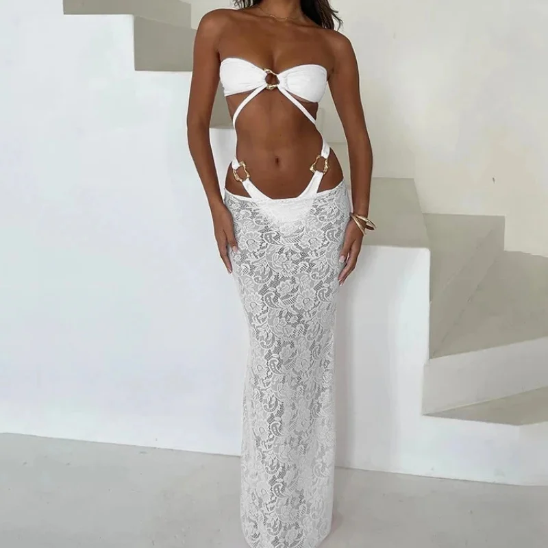 Bandeau 3 pièces Bikini femmes maillot de bain Sexy évider boucle en métal Micro Bikini dentelle jupe longue 2025 nouveau maillot de plage à la mode