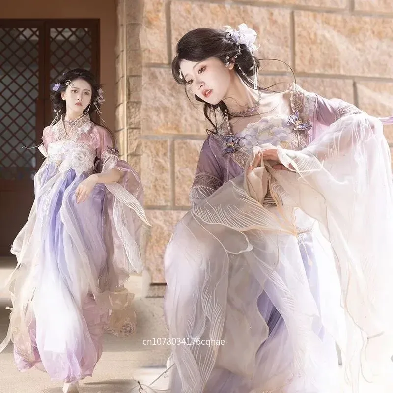 

Chinese Hanfu Dress Women Female Carnival Halloween Cosplay Costume Ancient Traditional Embroidered Purple Hanfu Dance Dress