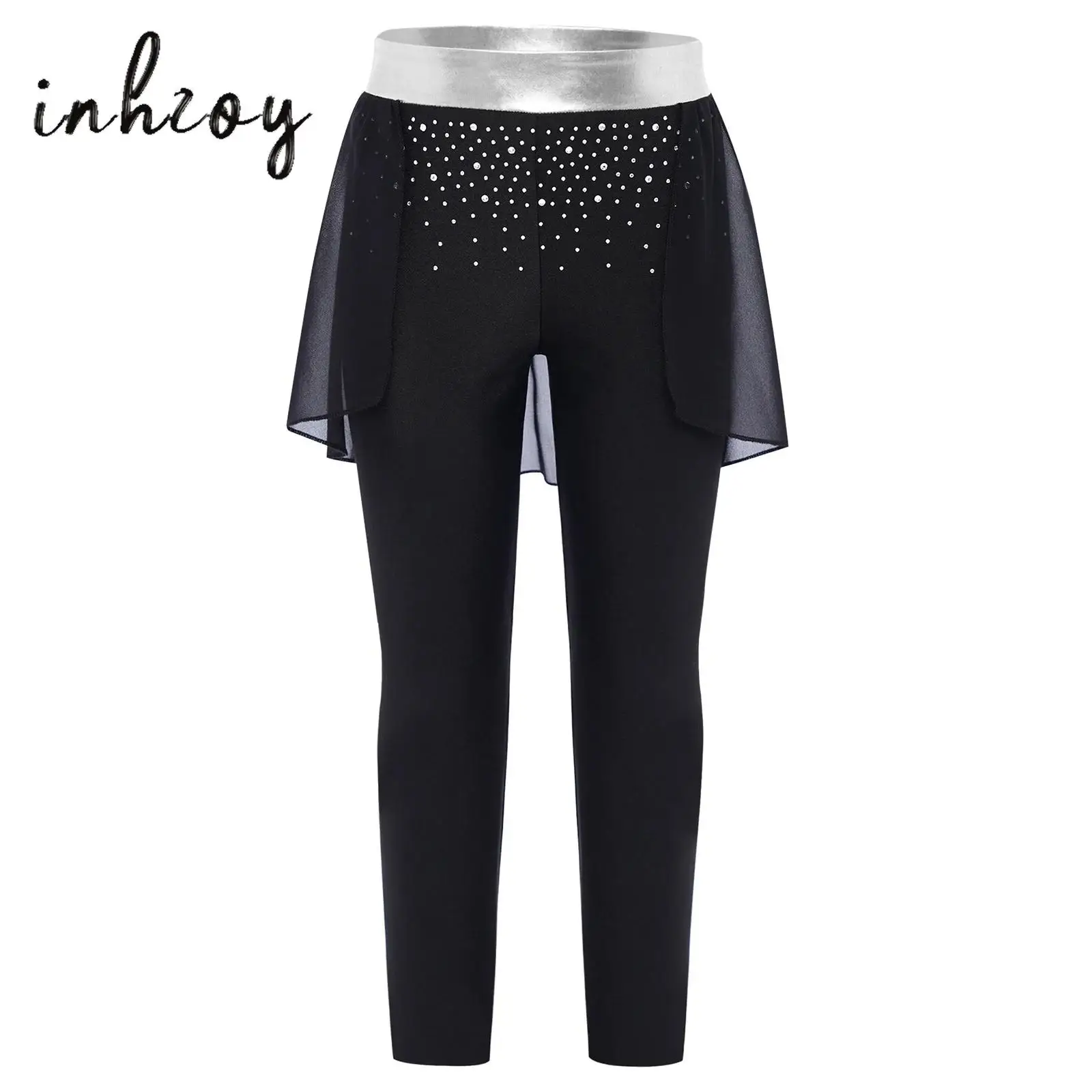 

Kids Girls Ballet Jazz Dance Pants Metallic Elastic Waistband Slim Pants with Chiffon Panel Skirt Gymnastics Performance Costume