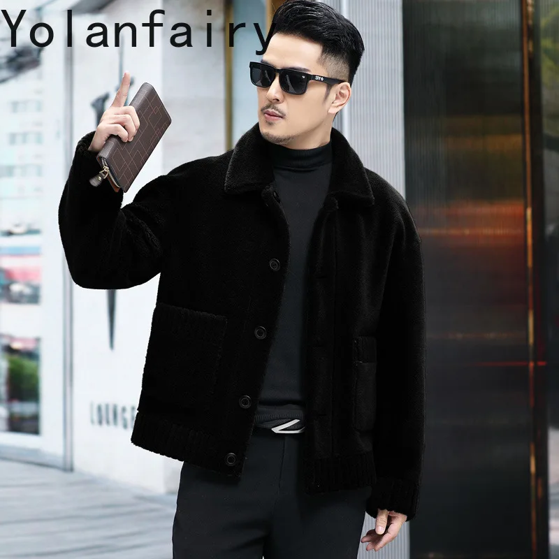 YOLANFAIRY メンズ100%ウールコート 2025年冬 リバーシブル メンズショートシープスキンジャケット 粒状ラムウールファーコート
