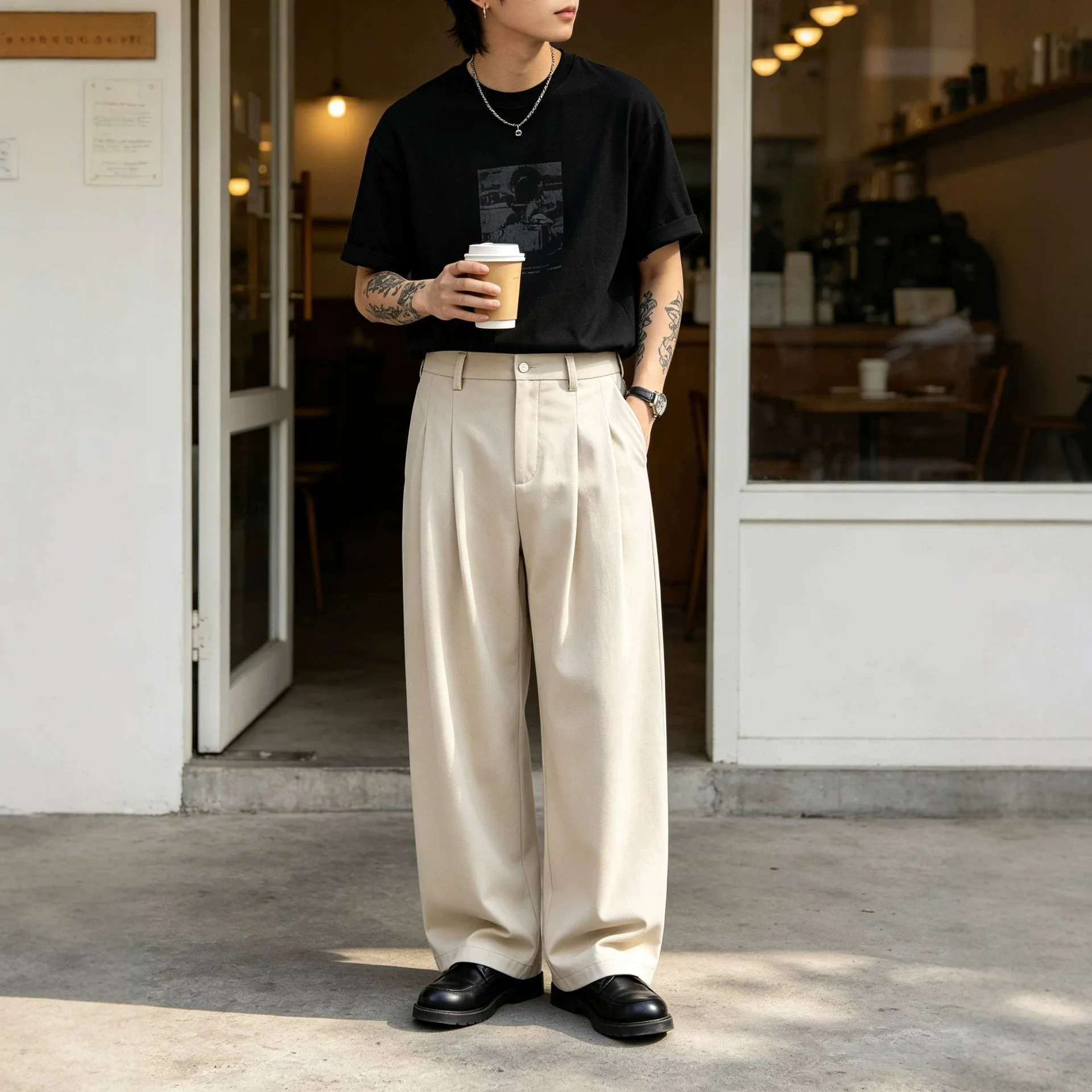 2026 Summer New Fashion Men Solid Color Pleated Wide Leg Straight Casual Trendy Simple Basic Suit Pants Male Trousers Clothes