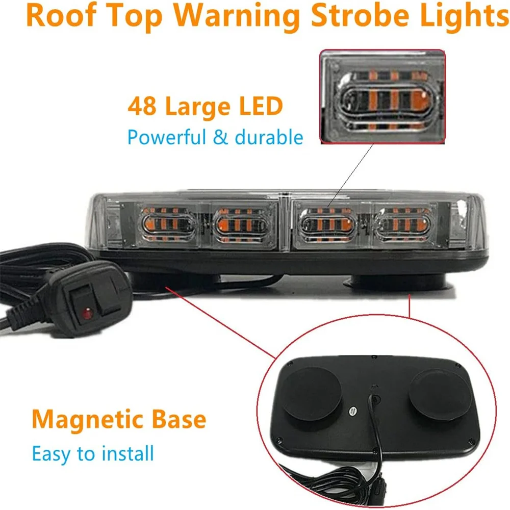 지붕 상단 스트로브 조명, 48LED 비상 안전 위험 경고등, LED 깜박이 라이트 바, 12V 24V 자동차 트럭용 마그네틱 마운트