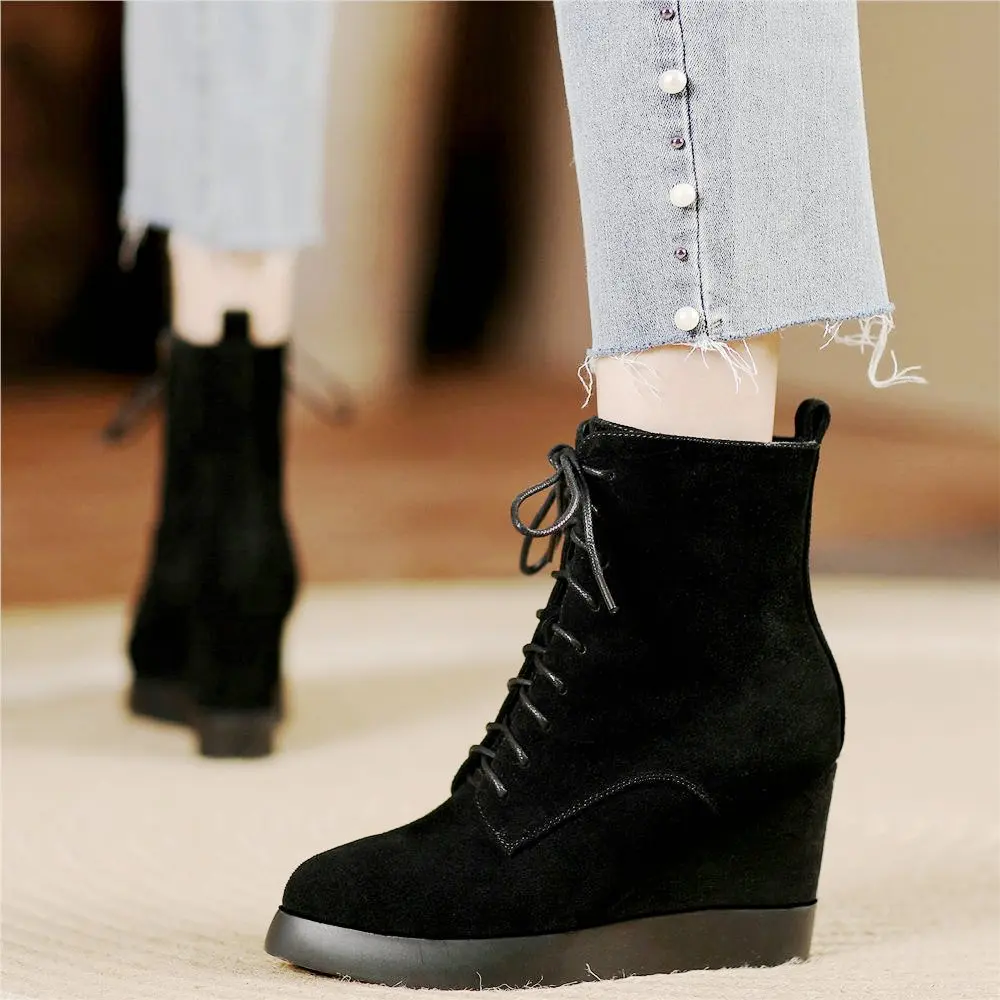 Women\'s Suede Leather Ankle Boots Lace Up Platform Wedge High Heel Western Chelsea Oxfords Casual Shoes