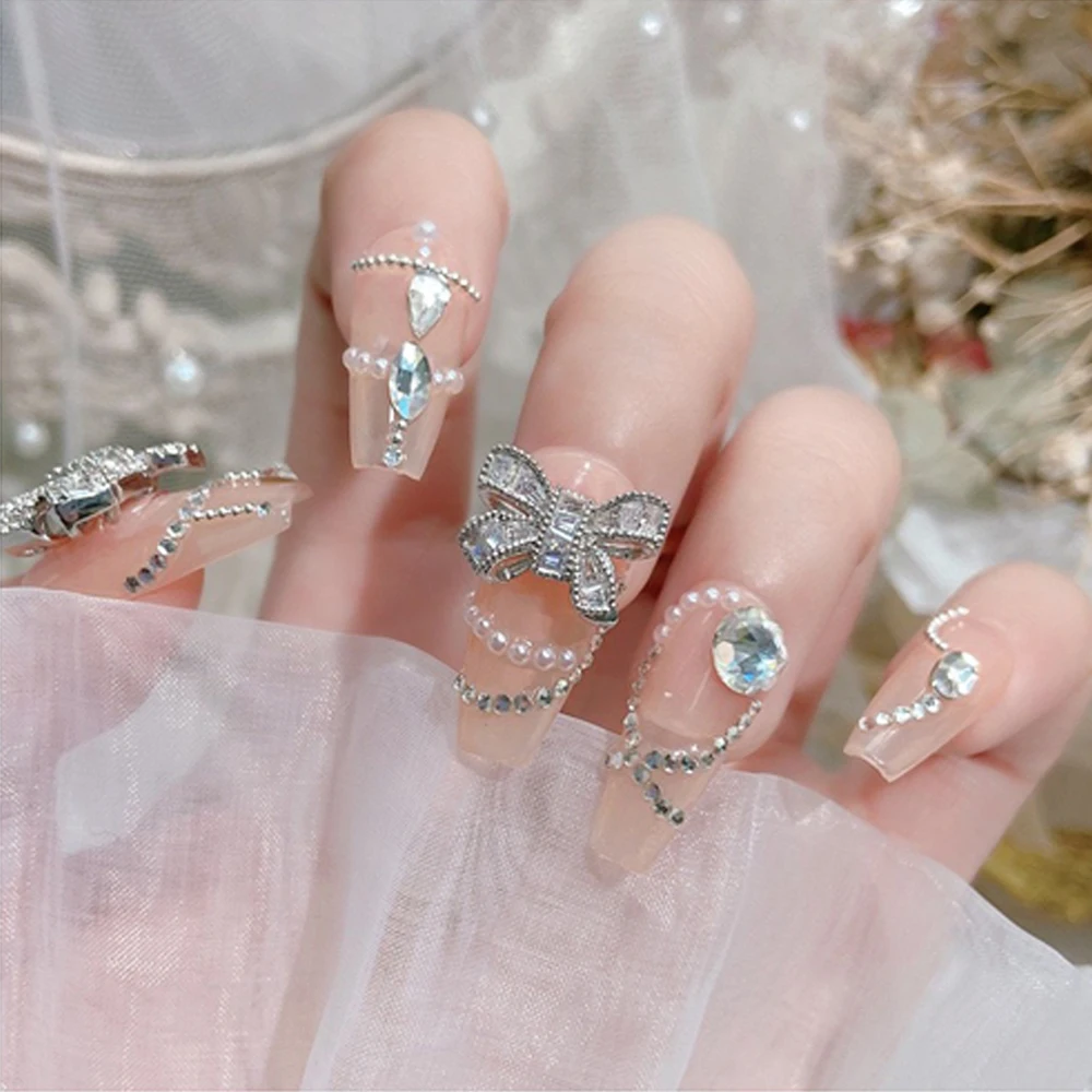 20pcs Light Luxury Style Alloy Bow Nail Art Charm 3D Gold Silver Zircon Bow Ribbon Metal Nail Rhinestone Cute DIY Nail Accessory