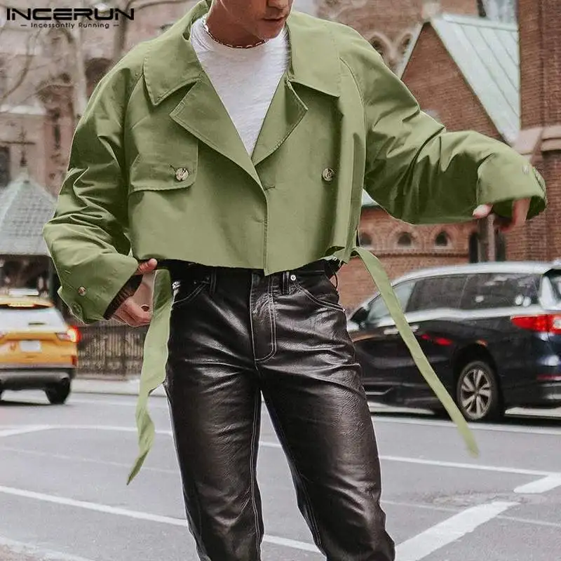 INCERUN Men Jackets Solid Color Lapel Long Sleeve Loose Male Crop Coats Streetwear 2023 Fashion Casual Jackets With Belt S-5XL