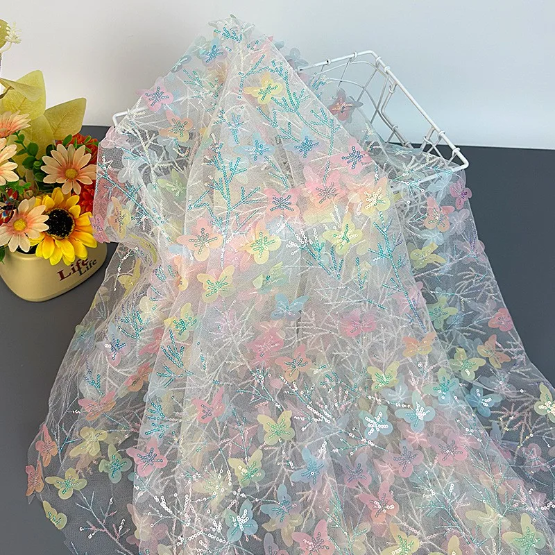 90x130cm Gradient Butterfly Sequin Tulle Fabric 3D Embroidered Mesh Backdrop Party Decor Material Stage Costumes Ethnic Clothing