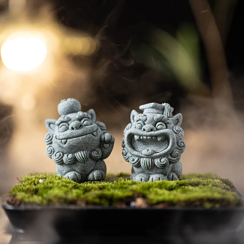 Creative Stone Lion Tea Pet Pair Guardian Lion Foo Dog Figurine Feng Shui Ornament Fish Tank Aquarium Decoration Home