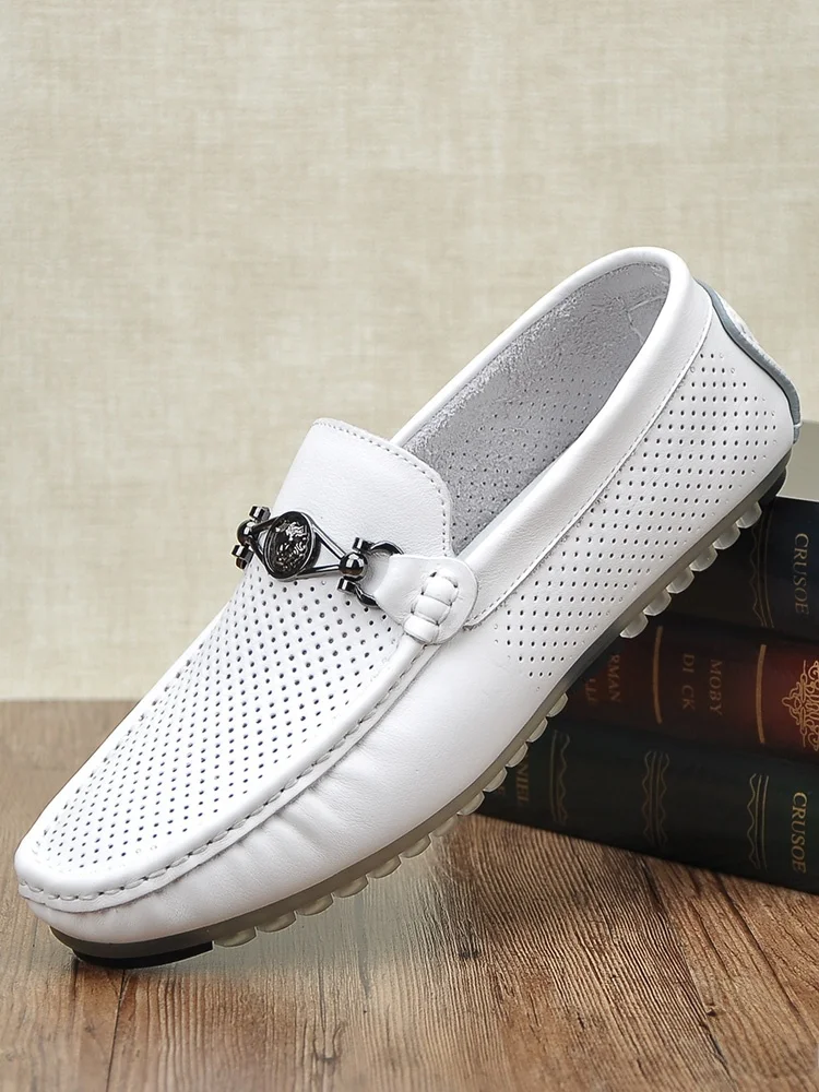 

Мужские летние дышащие лоферы из мягкой перфорированной воловьей кожи, повседневные слипоны с круглым носком, на плоской подошве из ПВХ