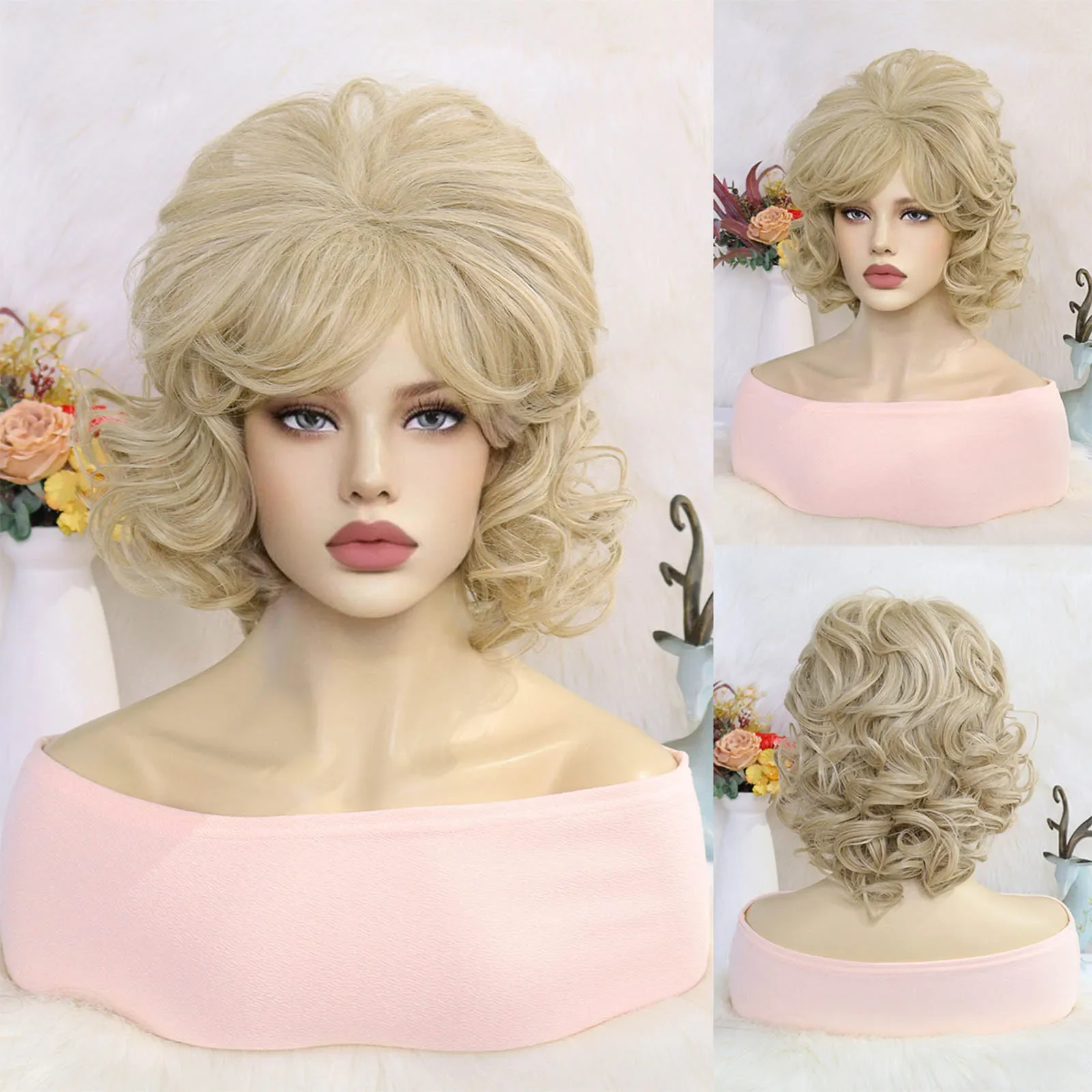 

14inch 4Color Short Curly Gray Black Women's Synthetic Cosplay Hair Wig with Bangs