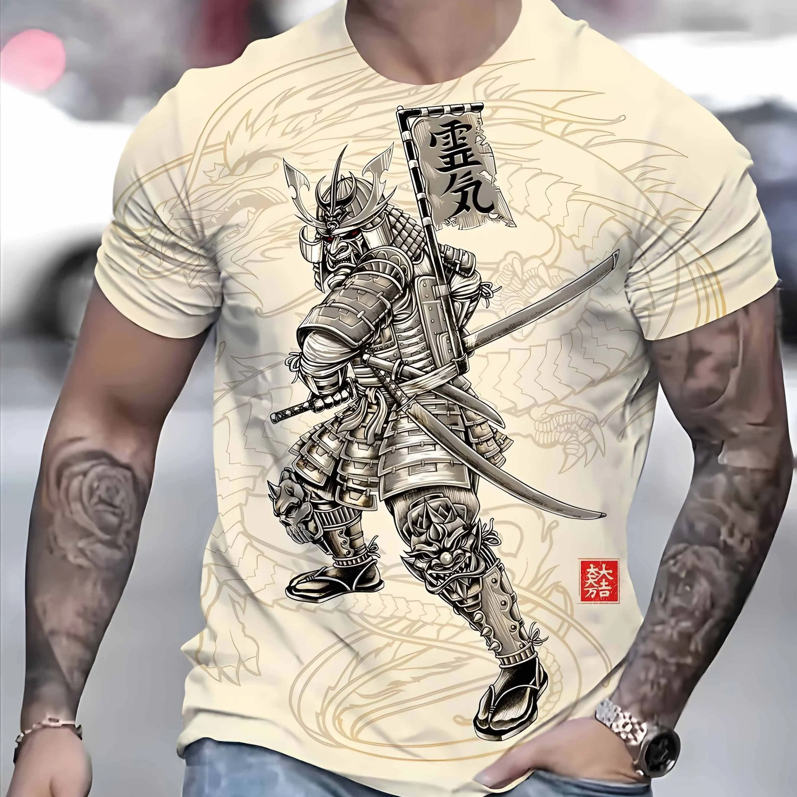 Mens Graphic Novelty Crew Neck Short Sleeve T-Shirt - Vibrant Anime Dragon Samurai All Over Print Polyester Fabric Casual Summer