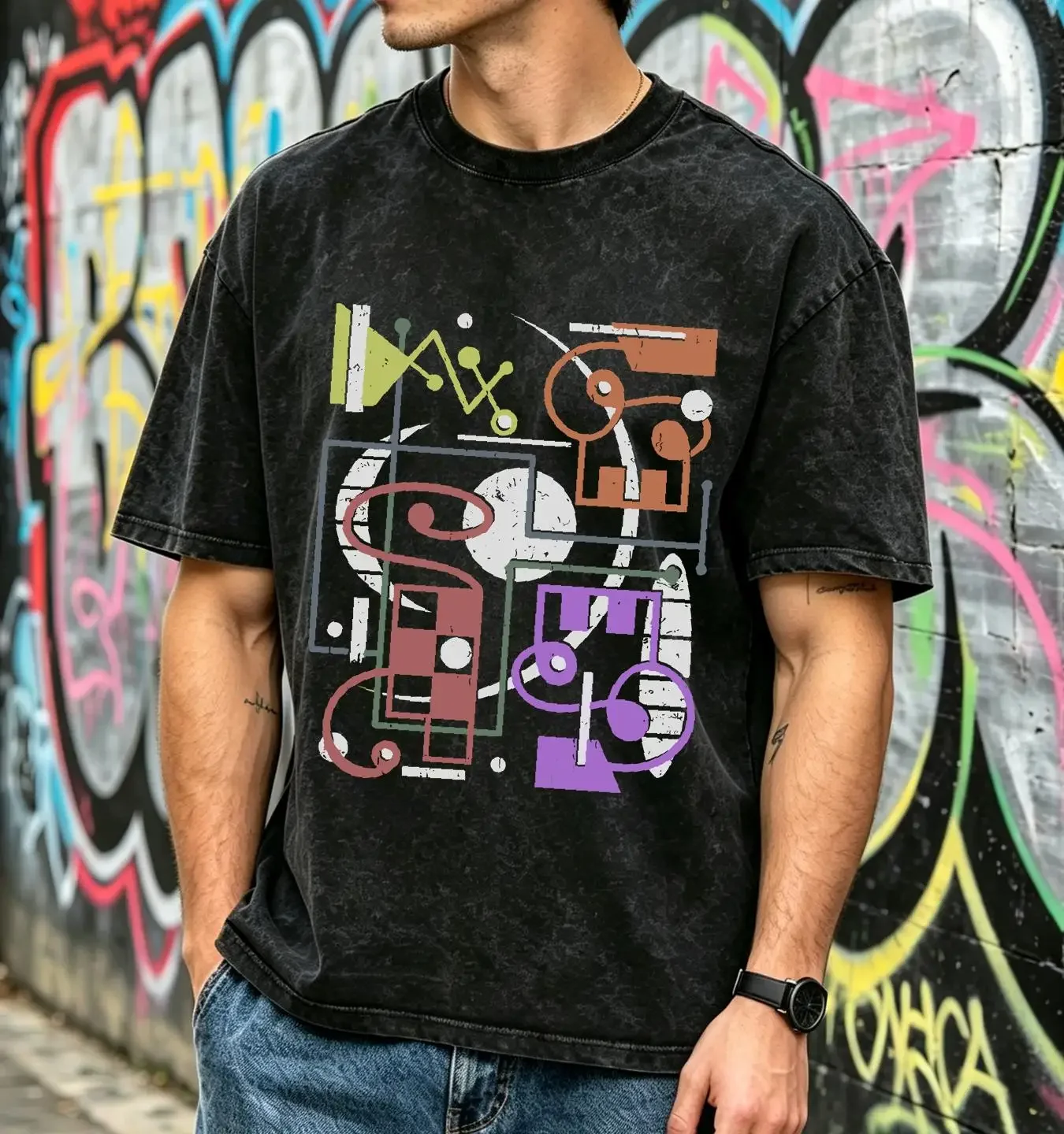 washed T Shirt Hipster Colorful Kandinsky Bauhaus Mid Century Modern Influence Birthday Christmas s Geometric Shapes Abstract