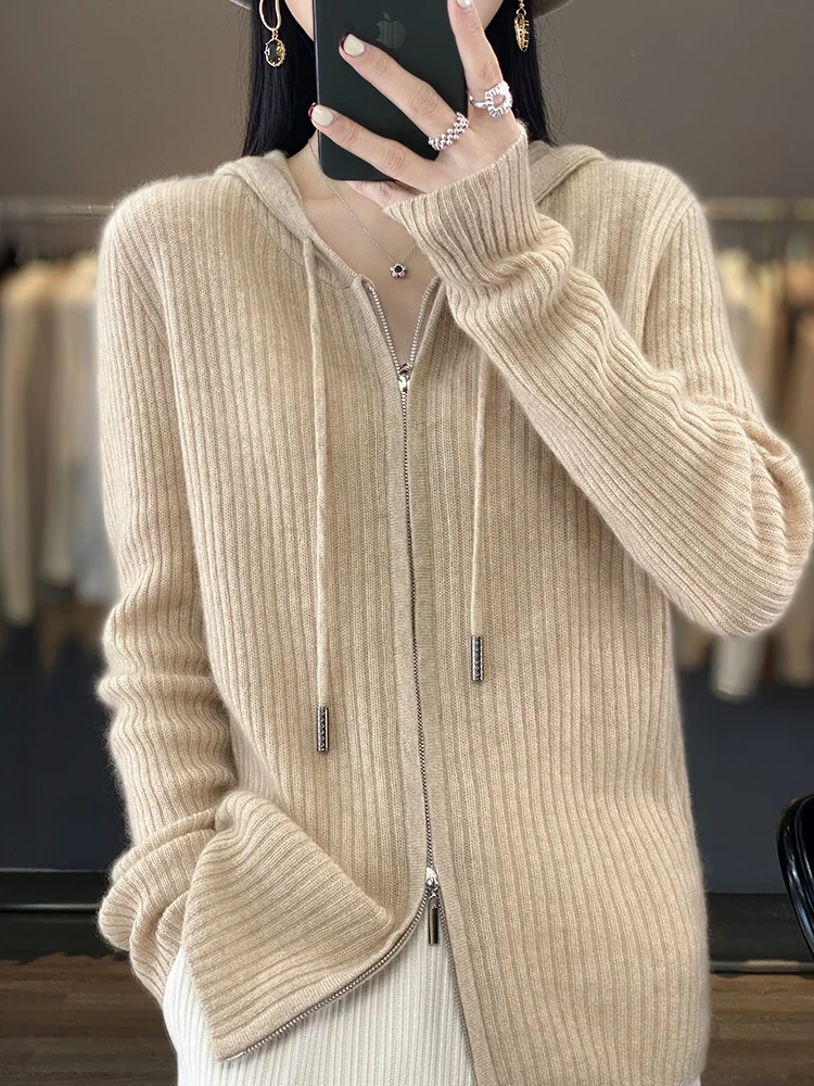 Herbst Winter Damen Kapuze Reiß verschlüsse Pullover Strickjacken 100% Merinowolle Strickwaren gestreift Kaschmir schick warm Langarm Tops neu