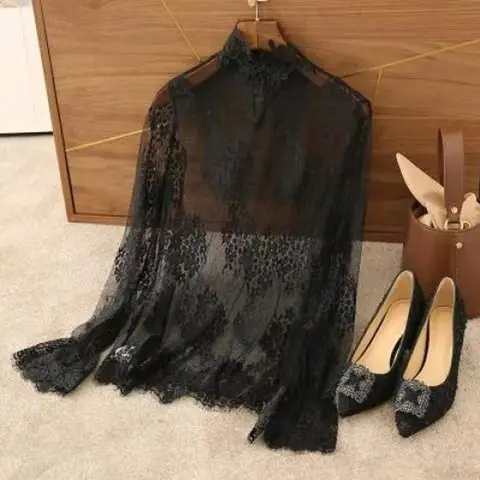 Sexy Women Lace Blouses Long Flared Sleeve High Collar Inner Wear Lace Shirt Base Tunic Top Perspective Vintage Bottom Blouse
