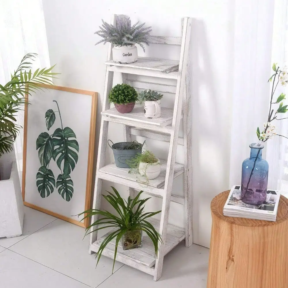 4-laags opvouwbare plantenstandaard houten ladder bloempot displayrek voor binnen en buiten