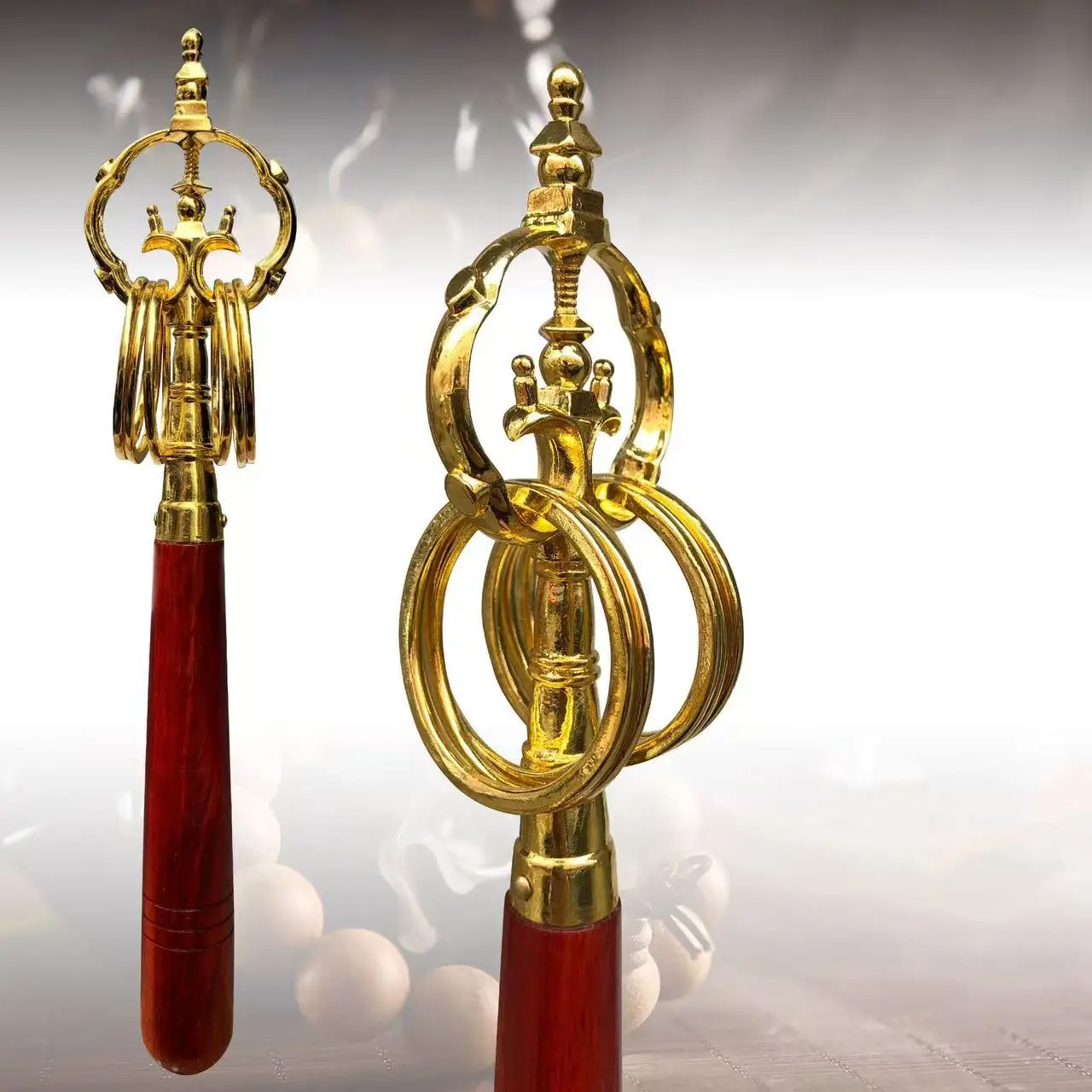 Buddhism Monk‘s Staff Ornaments Solid Wood Handle Alloy Tip Sticks for Home Temple Decorations Vintage Holding Meditation Buddha