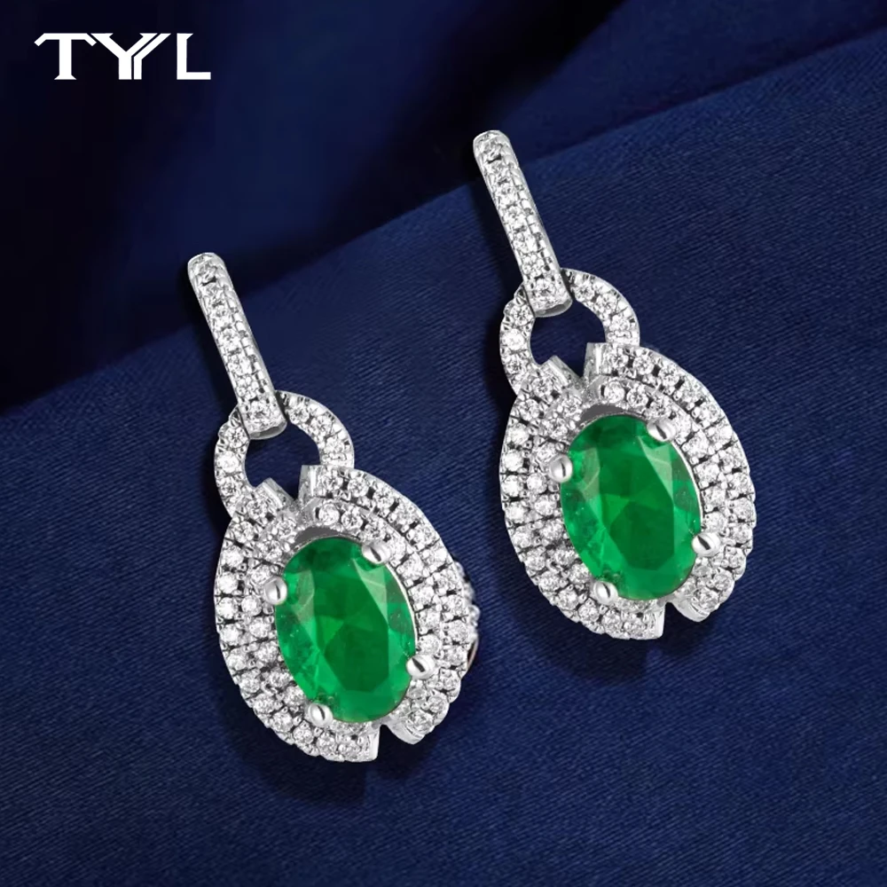 

TYYL Oval Cut Created Emerald Drop Earings for Women Dangle Earring Green Gemstone Diamond Pendant Silver Ear Jewelry Girl Gifts