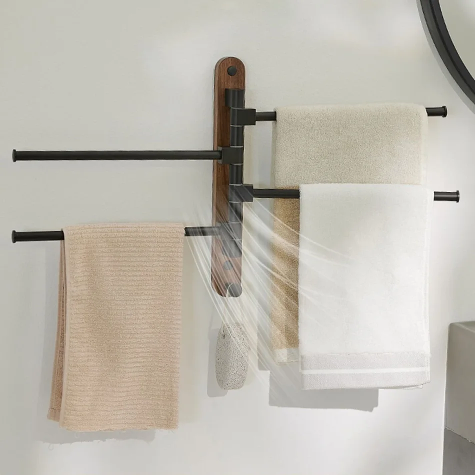 

Wood Towel Holde with Hook Black White Aluminum Wall Mounted Movable Rotating Bathroom Towel Rack 2 3 4 5 Bars Storage Shelf