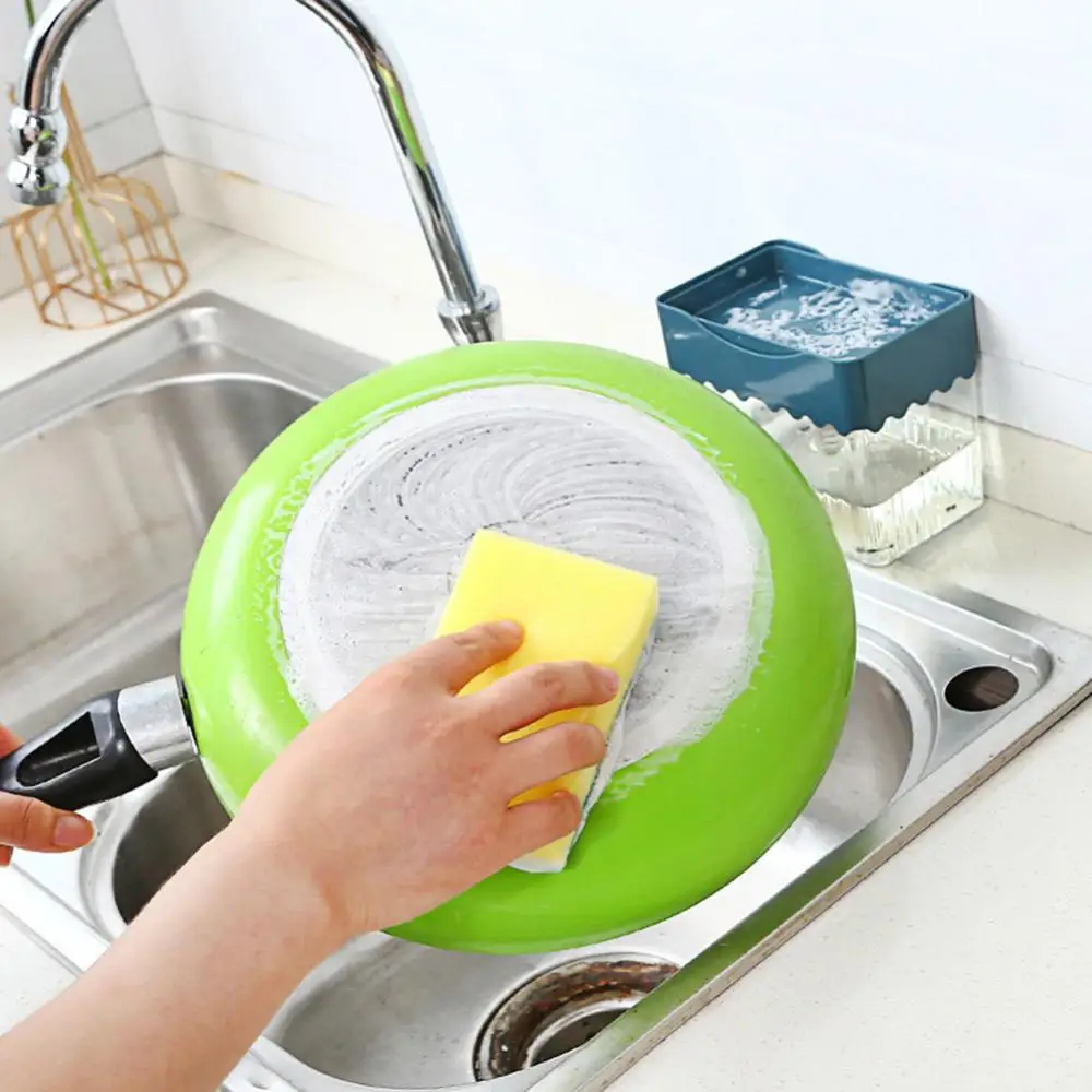 soap box+1 scouring pad Soap Dishwashing Detergent Press Dispenser Sponge Cleaning Pad Container dish brush for Kitchen Cleaning