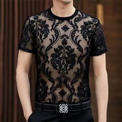 High-End Luxury Silk Velour Elastic Short Sleeve T Shirt For Men Summer Quality Velvet Hollow Breathable Slim Fit Cool Camisetas