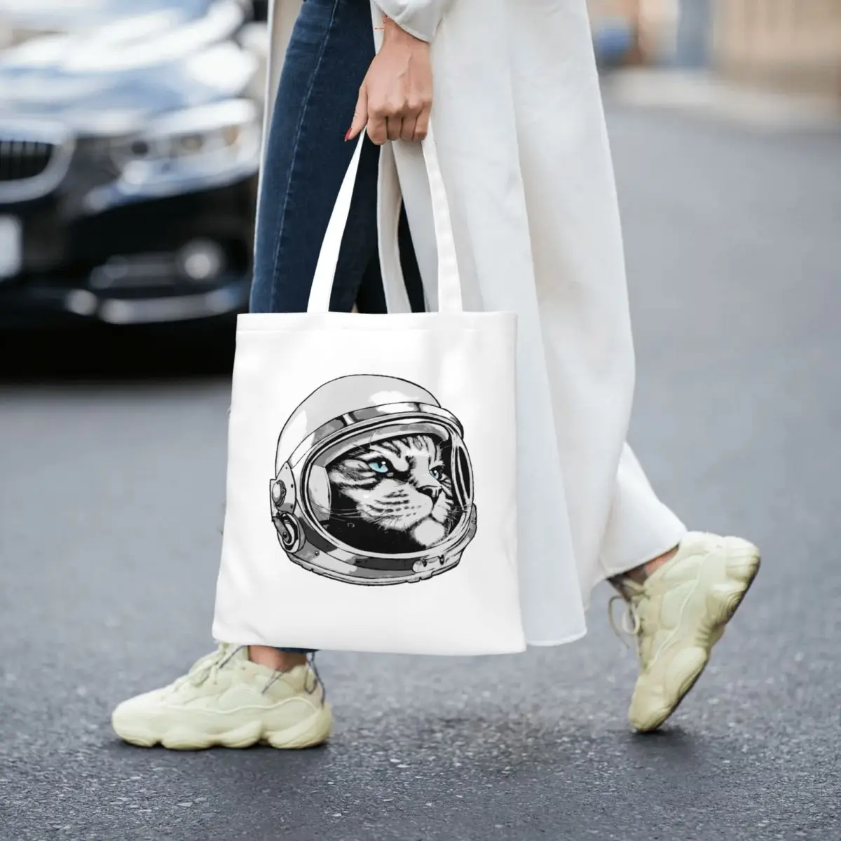 الفضاء القط قماش حمل حقيبة العصرية حقيبة تسوق كبيرة للنساء الفضاء نجوم غالاكسي الخيال العلمي Spacesuit رائد الفضاء أكياس التسوق #3