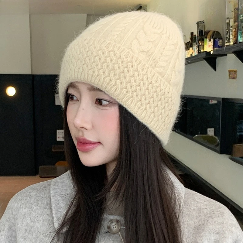 Fashion Wear Blogger Atmosphere Angola Rabbit Hair Hat Girls Autumn and Winter New Korean Ear Protector Fleece Knitted Hat
