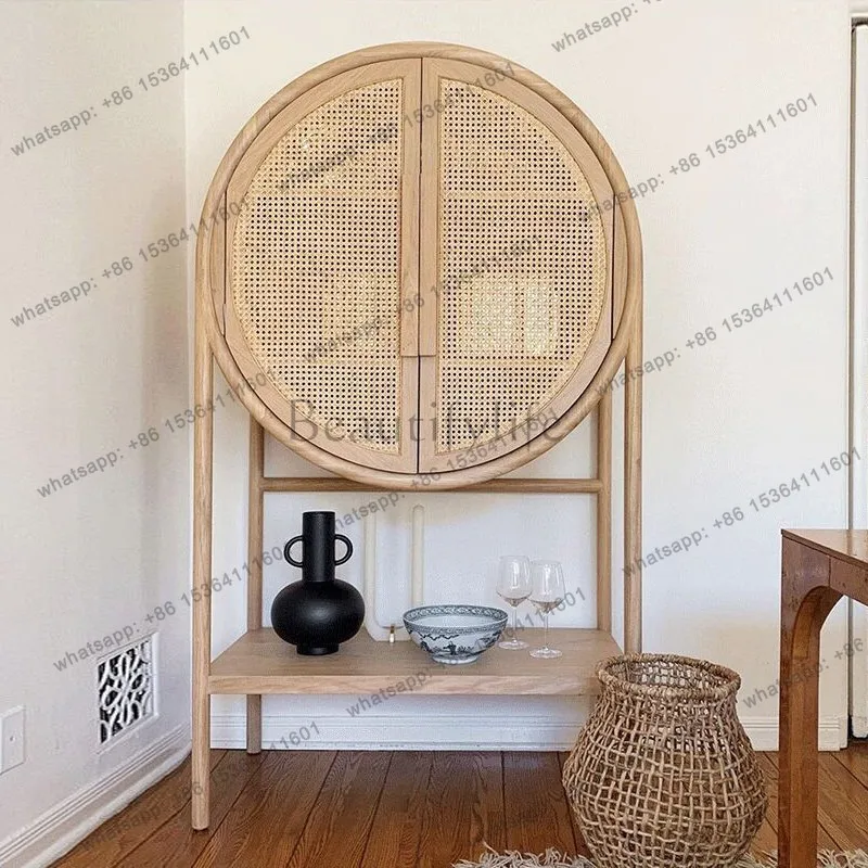 Nordic solid wood rattan storage double door round wine cabinet modern creative storage cabinet