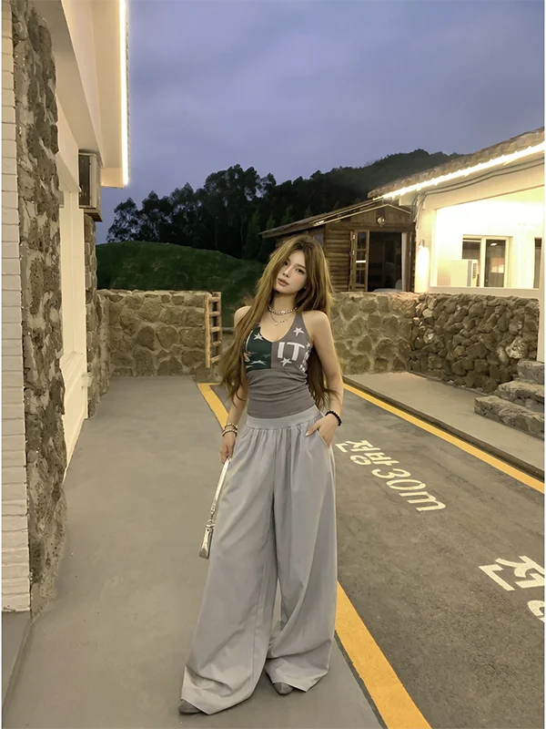 

Sexy Short Sleeve V-Neck Crop Top And High Waist Wide Leg Pants Two-Piece Set for Young Women Summer Fashion Casual Wear
