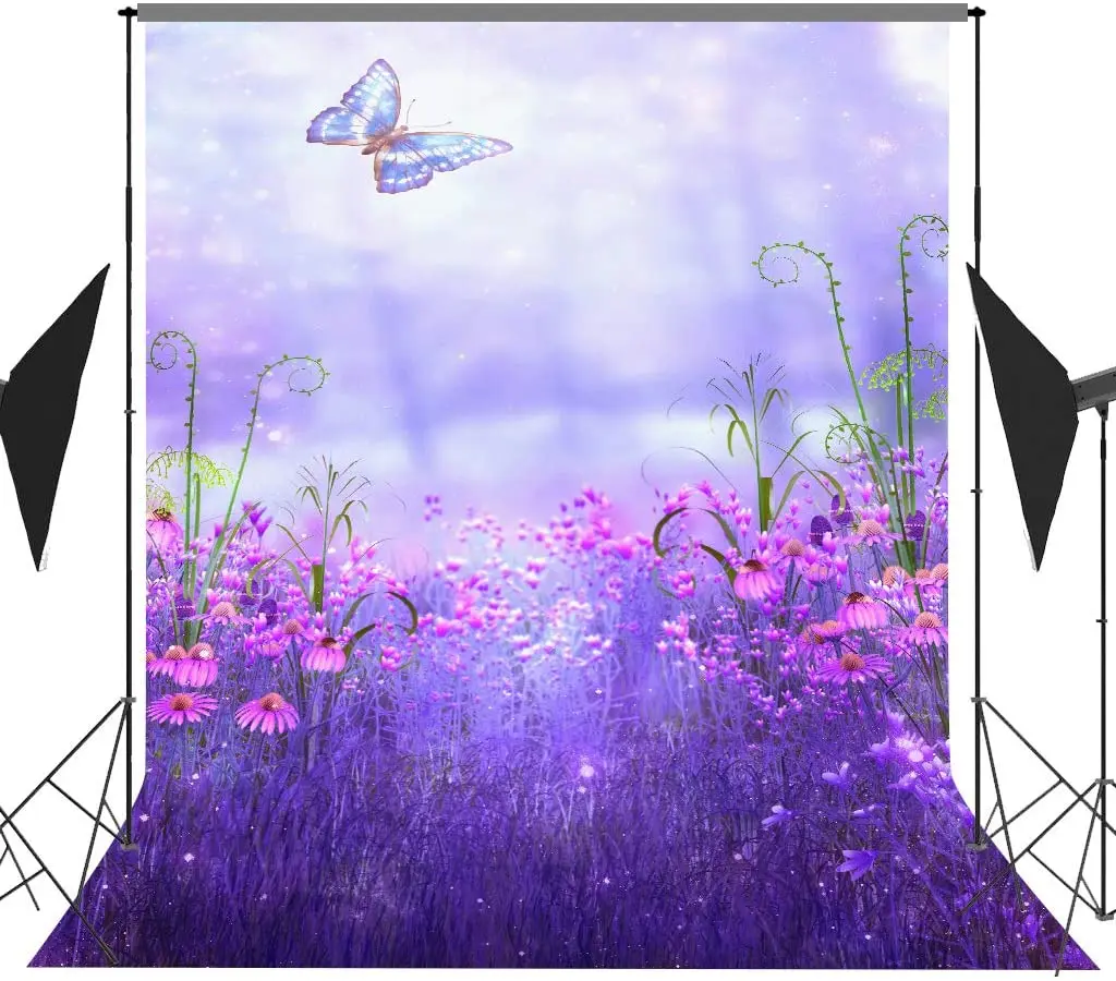 خلفية تصوير القصص الخيالية ، زهور أرجوانية وخلفية فراشة ، مستلزمات استوديو الصور ، جدارية الغرفة