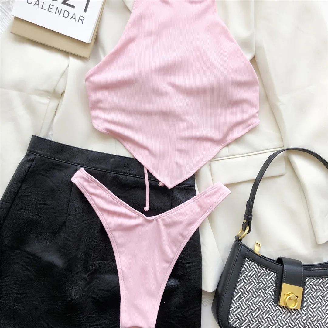 Hochgeschlossener Bikini mit überkreuztem Rücken und hohem Beinausschnitt, gerippt, Damen-Badeanzug, zweiteiliges Bikini-Set, Badebekleidung, Badeanzug, Modell V2878 – Detail 34