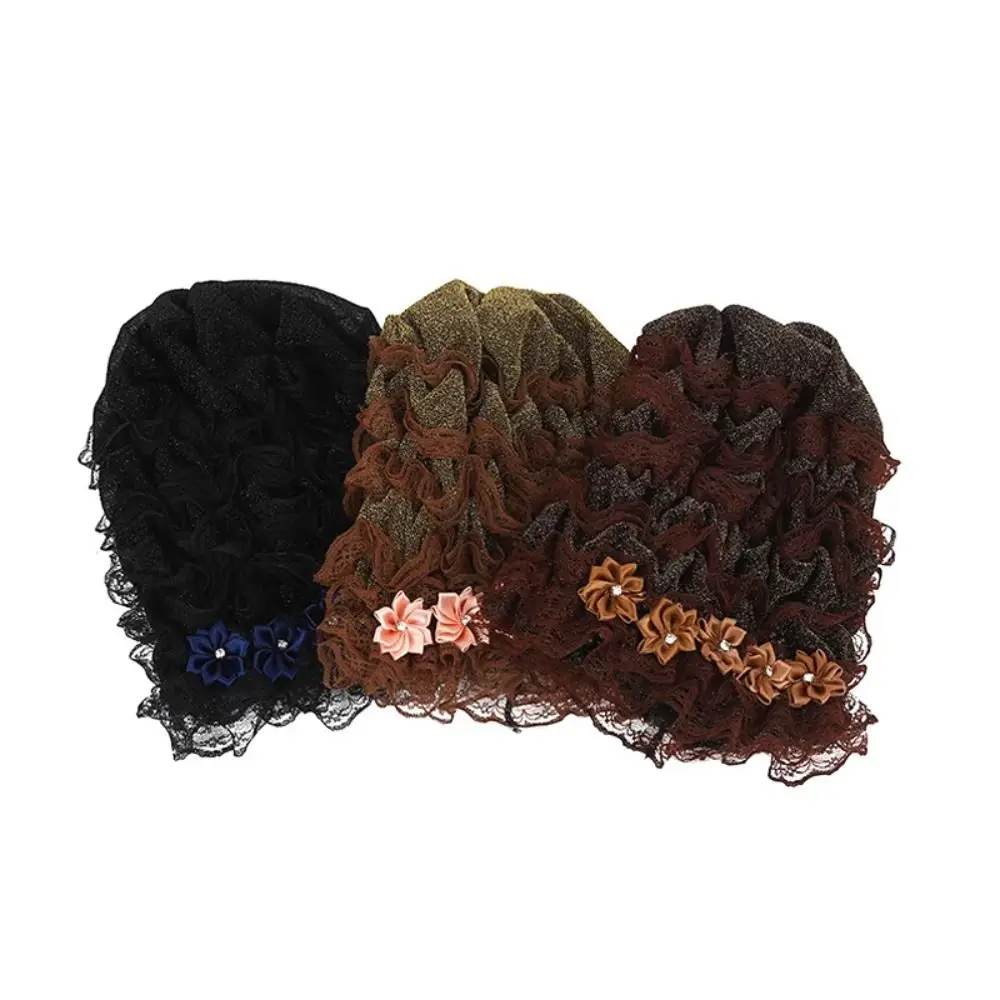 Lace Mesh Turban Breathable Without Eaves Acrylic Fibers Wrap Bonnet Hats Muslim Flower