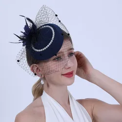 Fascinator Hat,Pillbox Hat for Women,Kentucky Derby Hat for Women,Tea Party Hat,Feather Flower Pearls Hair Clip Headwear Veil