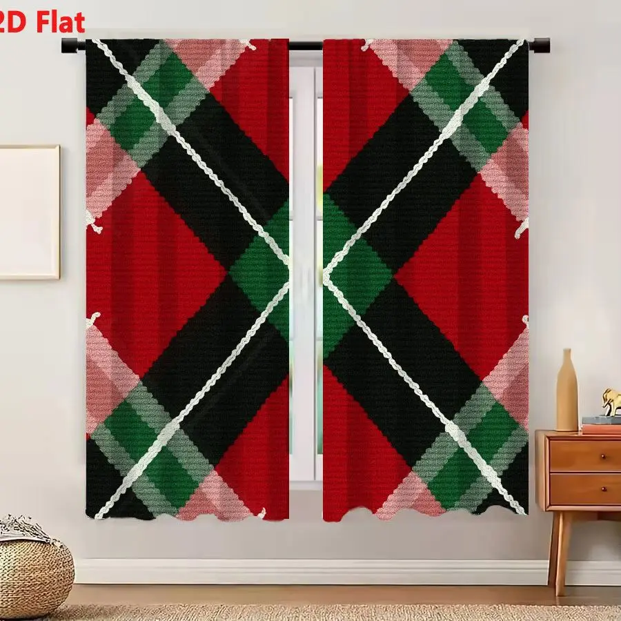 2Pcs Curtains 2D Flat Repeating Tartan Plaid Pattern With Red Black Green Light Pink Sections And Diagonal White Lines Crosshatc