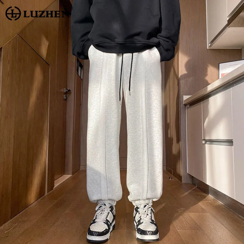 

LUZHEN 2025 зимние однотонные утолщенные спортивные штаны для бега на флисовой подкладке, мужские модные повседневные брюки с эластичной резинкой на талии и шнурком JY4914
