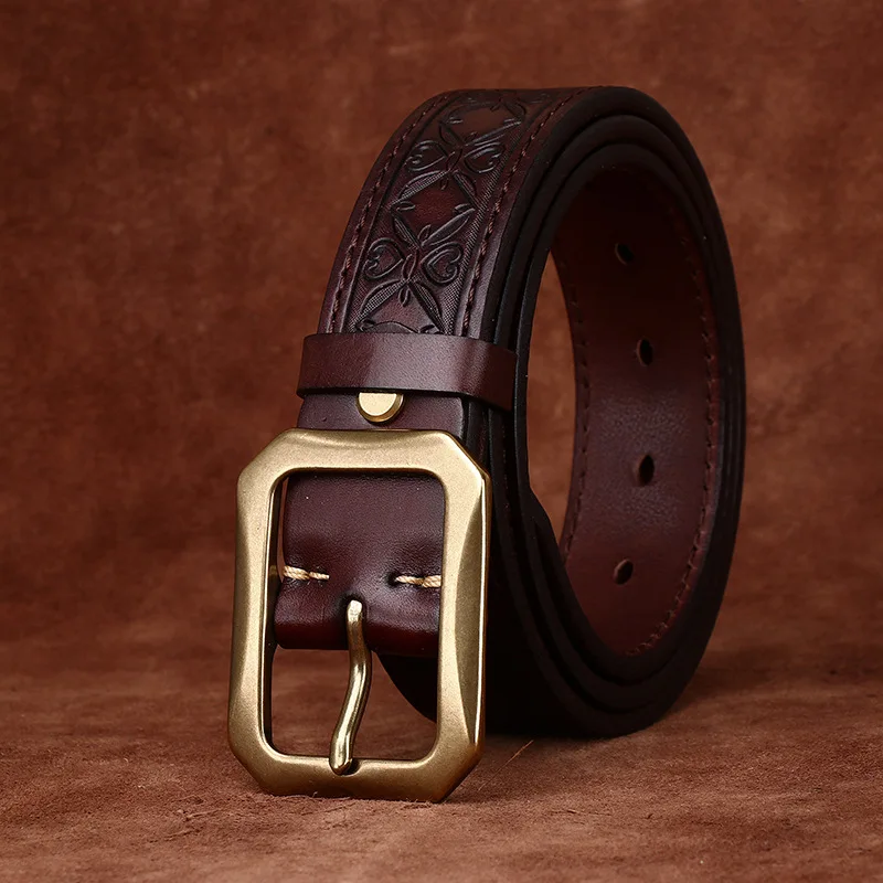 

3.8CM New High Quality Cow Genuine Leather Thicken embossing Luxury Strap Male Belts for Men Vintage Brass Buckle Man Belt