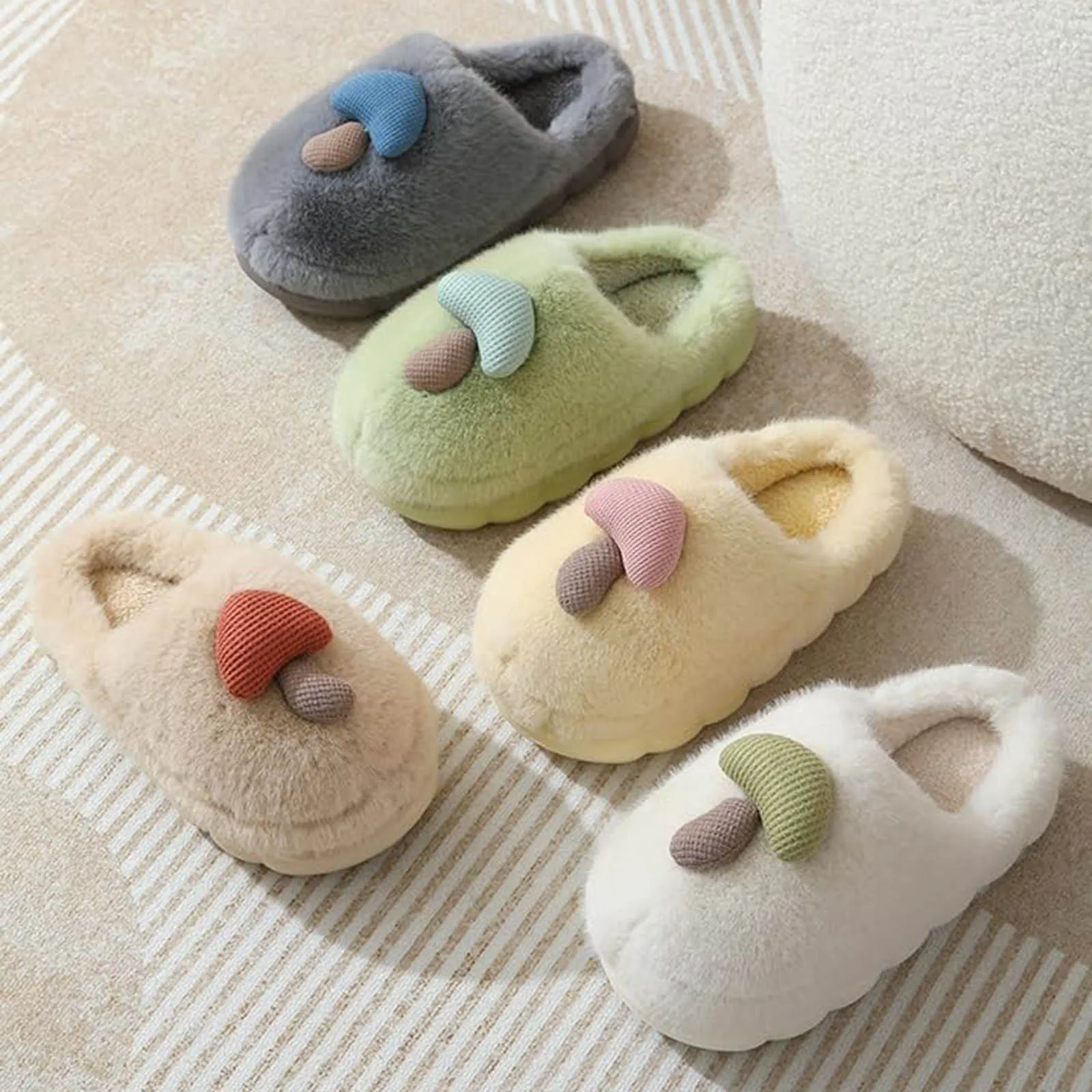 Women's Winter Warm Fluffy Plush Slippers Cute Cartoon Mushroom Home Cotton Shoes Woman Indoor Outdoor Thick Sole Furry Slippers