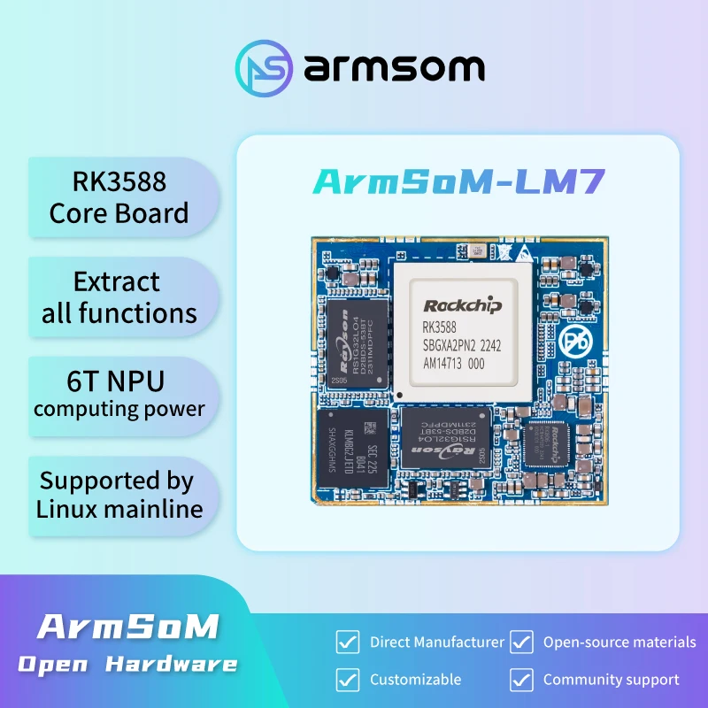 Płyta główna ArmSoM-LM7 RK3588, pakiet LGA, ultrkompaktowy rozmiar 45 mm × 50 mm, 8 GB lpddr4x, 32 GB emmc