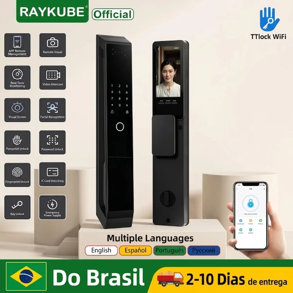 Fechadura Inteligente Totalmente Automática RAYKUBE P20 TTlock WiFi do Brasil com Reconhecimento Facial 3D e de Veias da Palma da Mão,