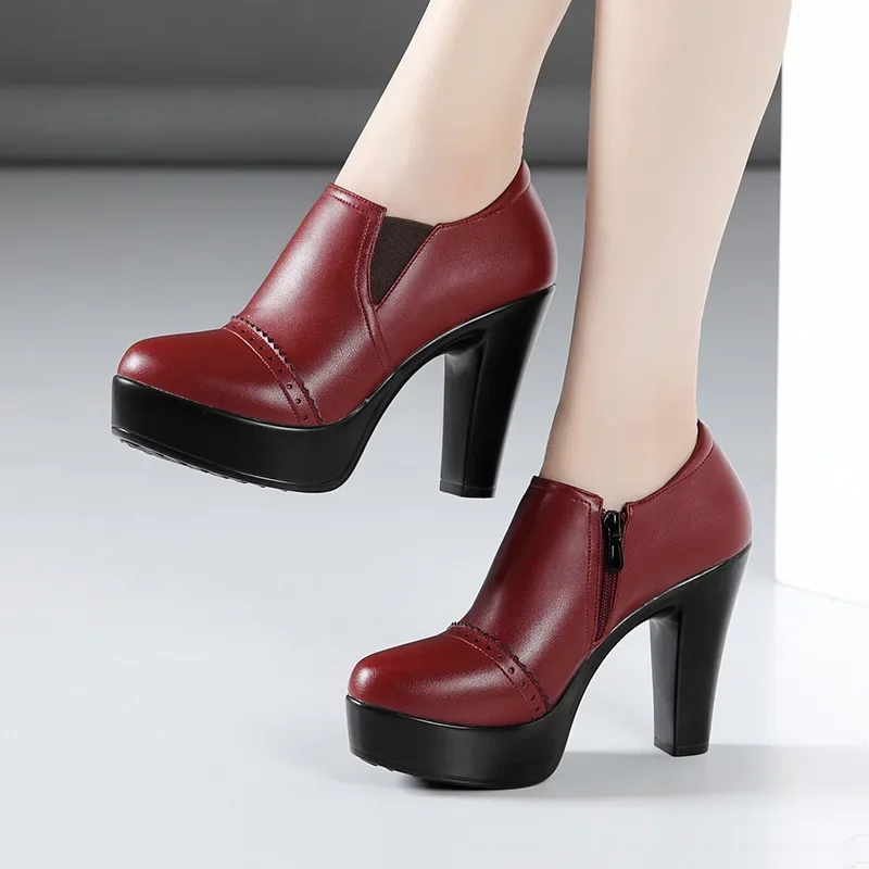 

10cm Small Size 32-43 Deep Mouth Platform Pumps Soft Leather Shoes with Fur 2023 Block High Heels Shoes Oxfords for Office Mom